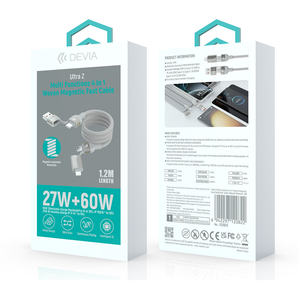 Devia Cable 4En1 Magnetic Usb-C-C-Ligt 1.2M